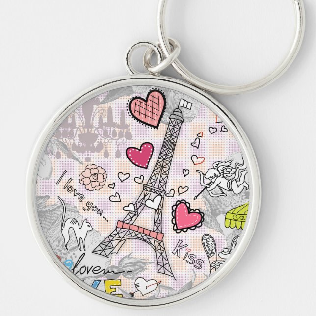 Från Paris med kärlek Keychain Rund Silverfärgad Nyckelring (Framsidan)