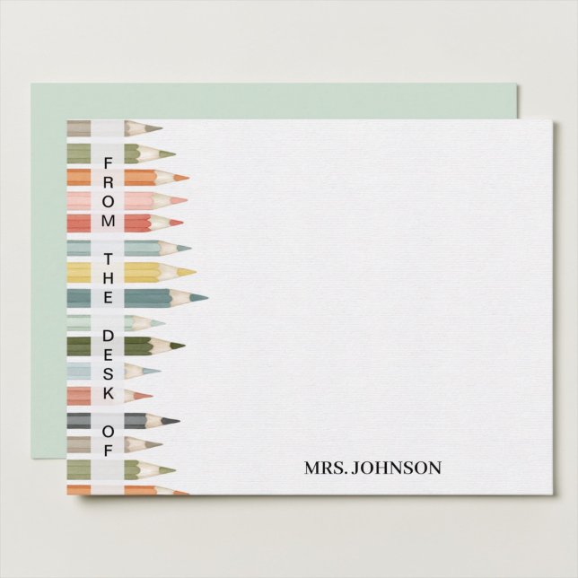 Från Personliga Lärarepennors Skrivbord Anteckningskort (colorful pencil border teacher note card with custom name)