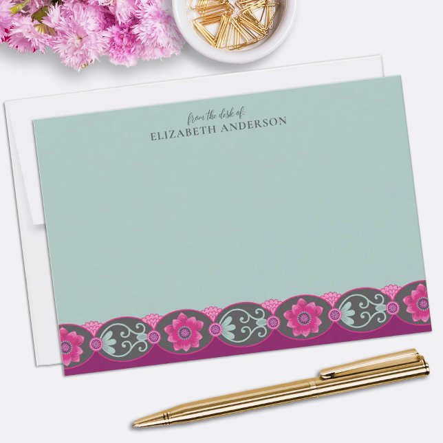 Från Pretty Teal Florals skrivbord Anteckningskort (Elegant teal floral personalized note cards. Personalize them with your name.)