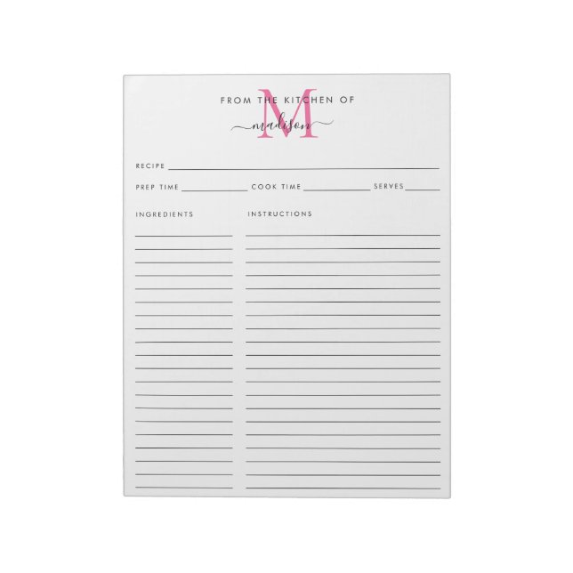 Från Rosa Monogram Recipe Lakan Anteckningsblock (Roterad)