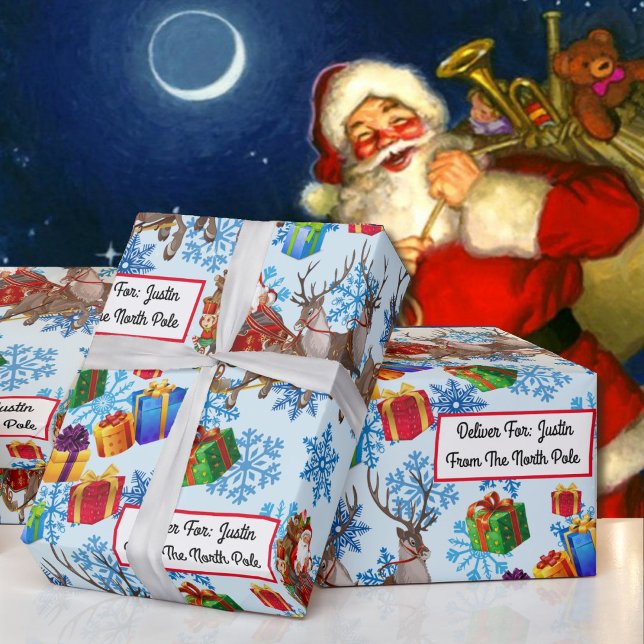 Från Santa Add Barn Namn Reindeer Sleigh Presentpapper (Skapare uppladdad)