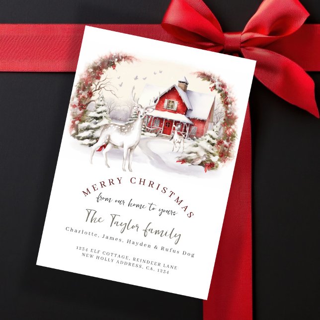 Från vårt hem till ditt julkort (From Our Home to Yours Christmas Holiday Card by Ricaso. Red cottage with snow and deer detail.)