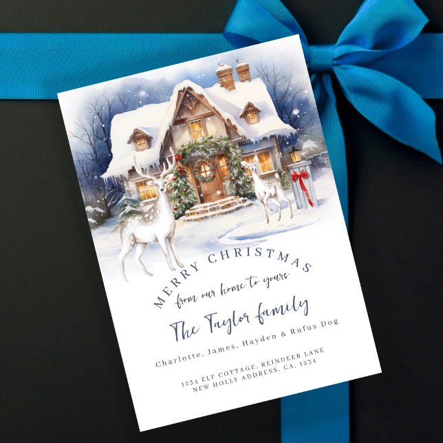Från vårt hem till ditt julkort (From Our Home to Yours Christmas Holiday Card by Ricaso. Traditional cottage in snow with deer
)