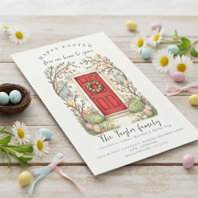 Från vårt hem till ditt påskkort julkort (From Our Home to Yours Easter Holiday Card by Ricaso. New home, or business/corporate use. Red door)