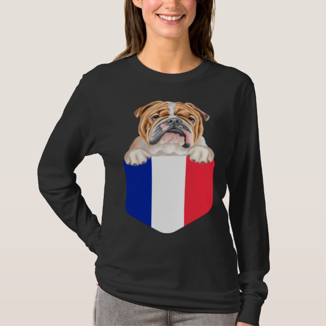 France Flag Bulldog Dog In Pocket T Shirt (Framsida)