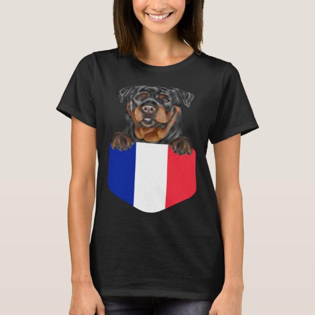 France Flag Rottweiler Dog In Pocket T Shirt (Framsida)