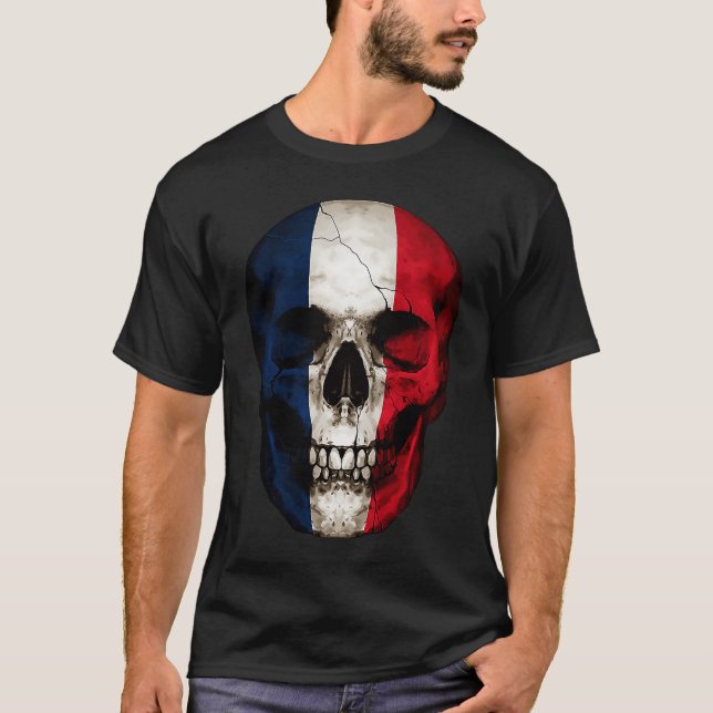 France Flag Skull French Roots Proud Patriotic T Shirt (Framsida)
