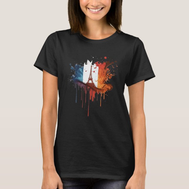 France Paris Abstract Splatter French Flag Eiffel  T Shirt (Framsida)