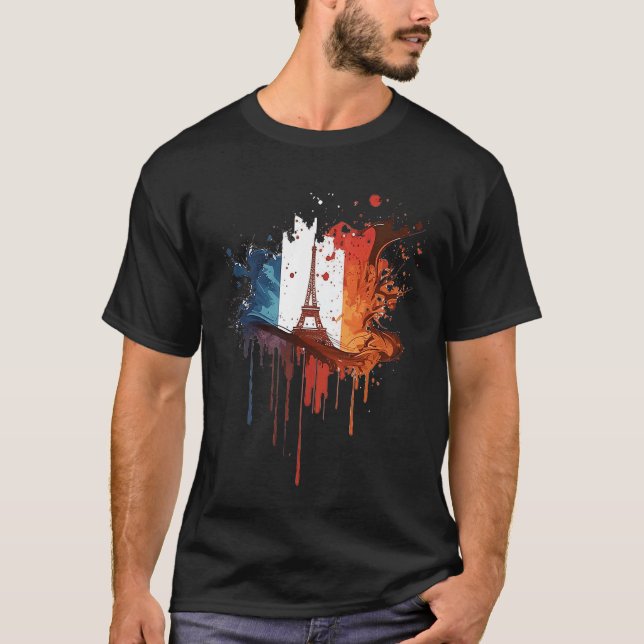France Paris Abstract Splatter French Flag Eiffel  T Shirt (Framsida)
