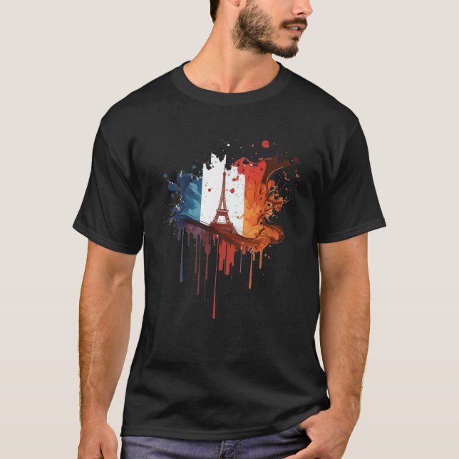 France Paris Abstract Splatter French Flag Eiffel  T Shirt (Framsida)