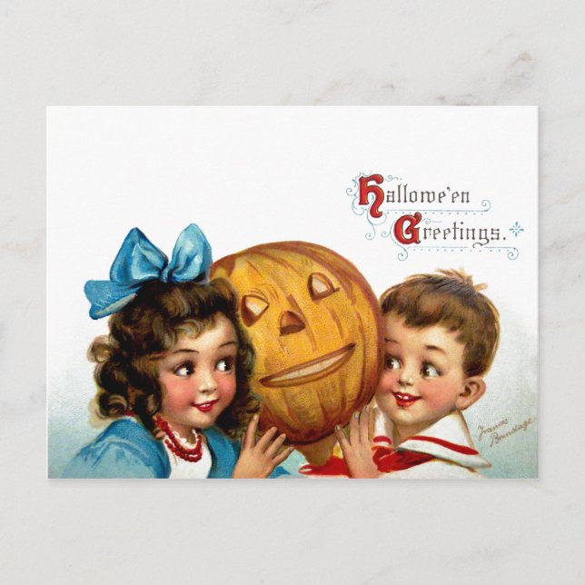 Frances Brundage: Boy and Girl med Jack O'Lantern Vykort (Framsida)