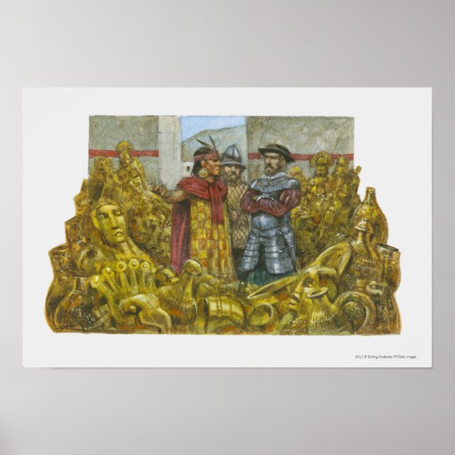 Francisco Pizarro bredvid Inca Emperor Atahualpa Poster (Framsidan)