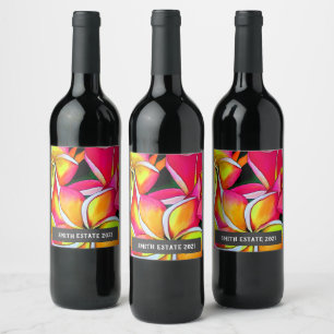 Frangipan-blommor vattencolor blommigt art vin-eti vinflaska etikett