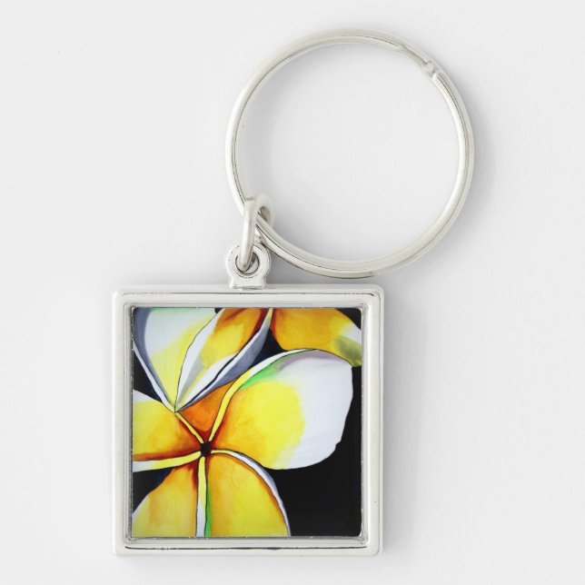 Frangipani-blomkonst-nyckelring Fyrkantig Silverfärgad Nyckelring (Framsidan)