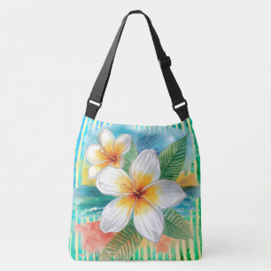 Frangipani blommor, turkos gul linje mönster axelväska
