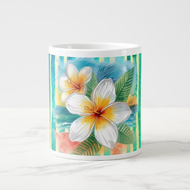 Frangipani blommor, turkos gul linje mönster jumbo mugg (Framsidan)