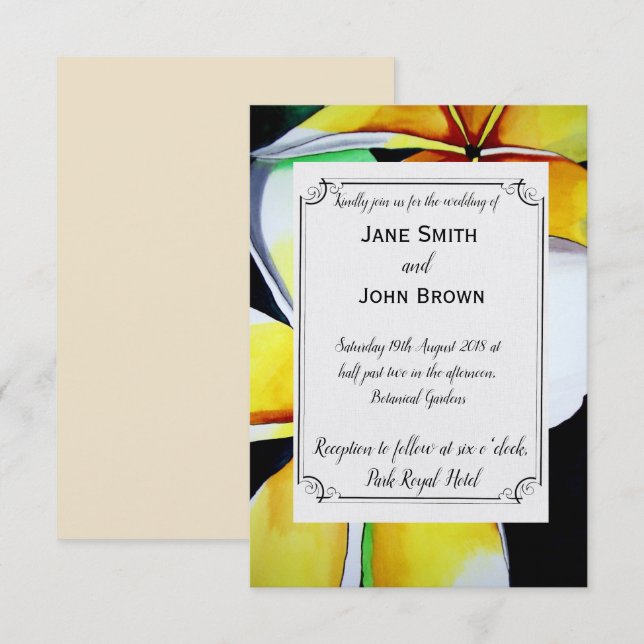 Frangipani-ströks vattenfärgskonst tropiska inbjudningar (Fram/baksida)