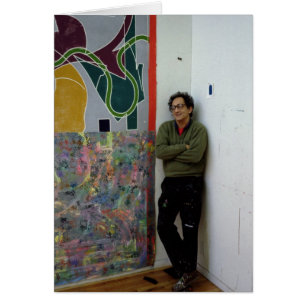 Frank Stella bredvid ett verk Hälsningskort