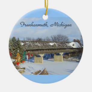 Frankenmuth MI täckte trä överbryggar prydnaden Julgransprydnad Keramik