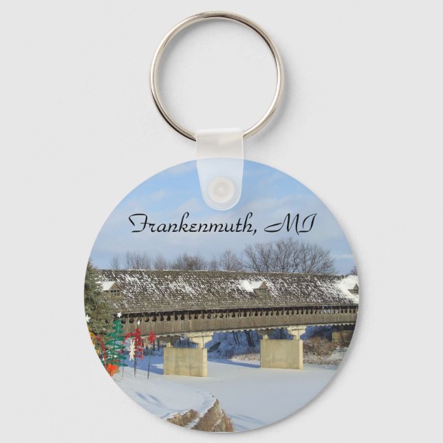 Frankenmuth Michigan Övertäckt Bro Snö Nyckelring (Framsida)