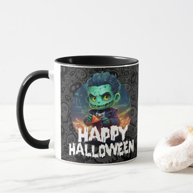 Frankenstein Eating Candy Happy halloween Mugg (Med munk)