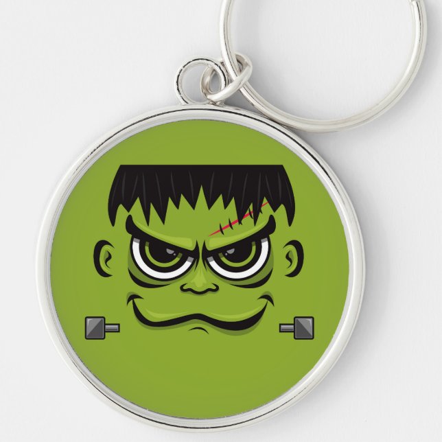 Frankenstein Halloween Ansikte Rund Silverfärgad Nyckelring (Framsidan)