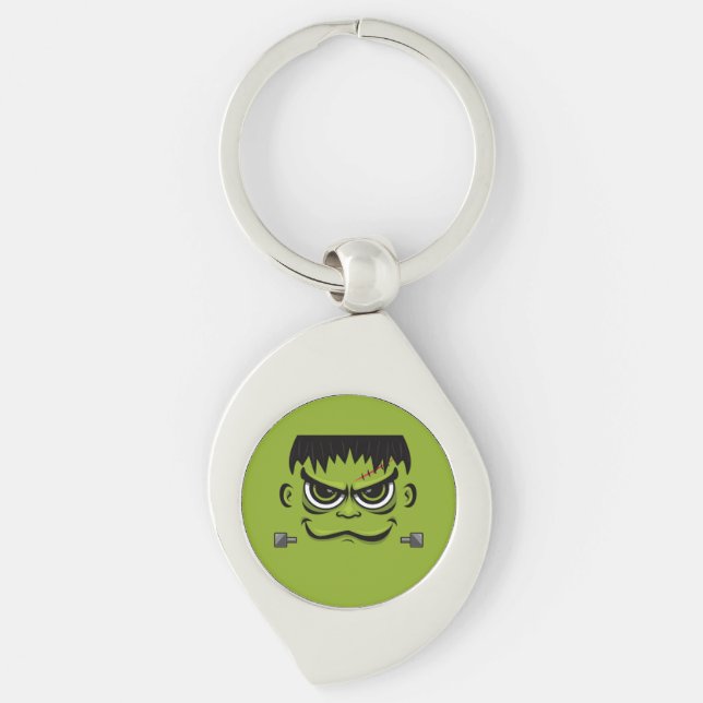 Frankenstein Halloween Ansikte Swirl Silverfärgad Nyckelring (Framsidan)