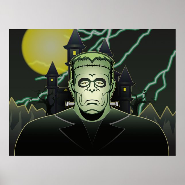 Frankenstein Monster Halloween Castle Lightning Poster (Framsidan)