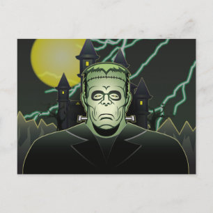 Frankenstein Monster Halloween Castle Lightning Vykort