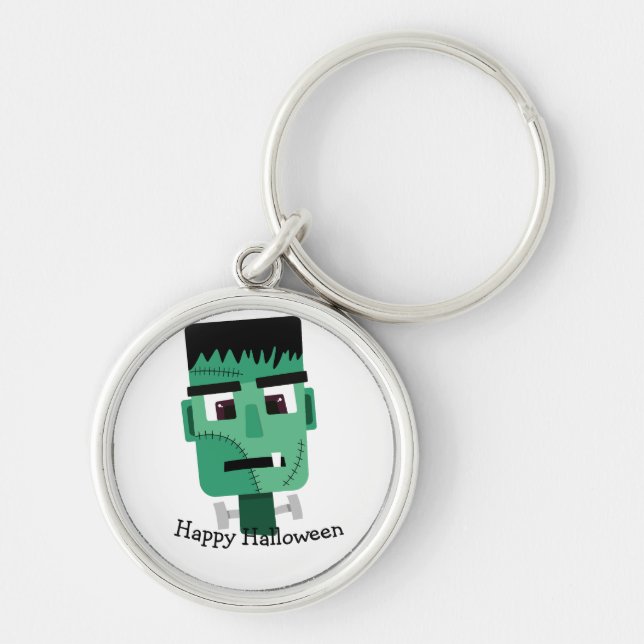 Frankenstein Monster Illustration Rund Silverfärgad Nyckelring (Framsidan)