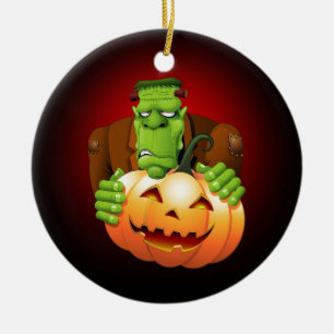Frankenstein Monster Tecknad med Pumpkin Julgransprydnad Keramik