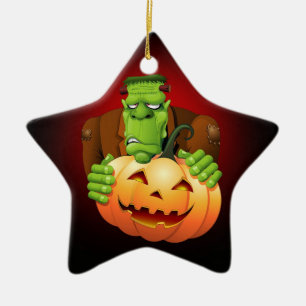 Frankenstein Monster Tecknad med Pumpkin Julgransprydnad Keramik