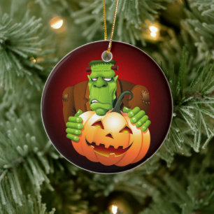 Frankenstein Monster Tecknad med Pumpkin Julgransprydnad Keramik