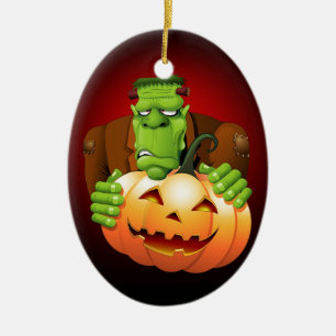 Frankenstein Monster Tecknad med Pumpkin Julgransprydnad Keramik