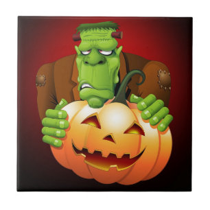 Frankenstein Monster Tecknad med Pumpkin Kakelplatta