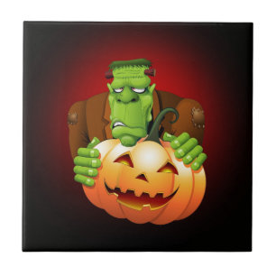 Frankenstein Monster Tecknad med Pumpkin Kakelplatta