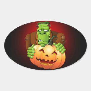 Frankenstein Monster Tecknad med Pumpkin Ovalt Klistermärke