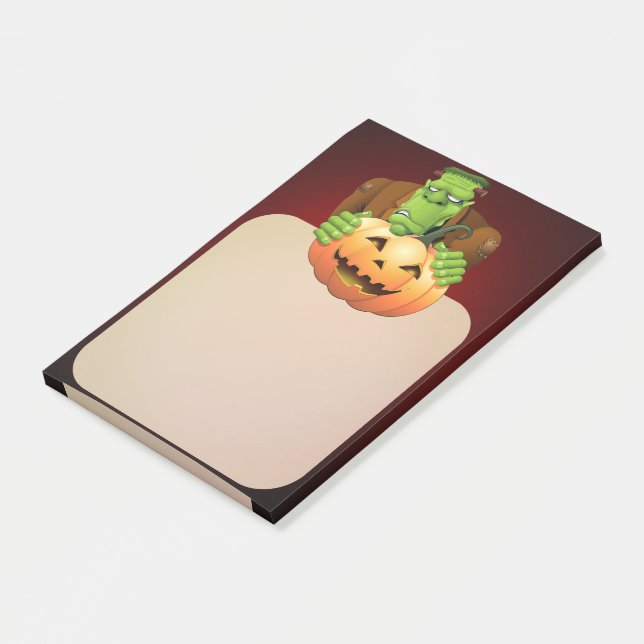 Frankenstein Monster Tecknad med Pumpkin Post-it Block (Vinklad)