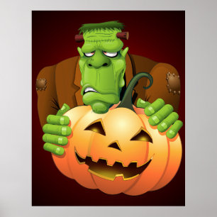 Frankenstein Monster Tecknad med Pumpkin Poster
