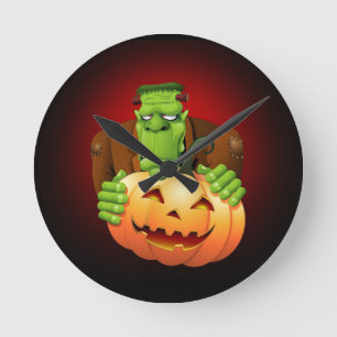 Frankenstein Monster Tecknad med Pumpkin Rund Klocka