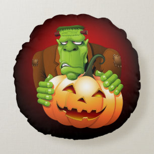 Frankenstein Monster Tecknad med Pumpkin Rund Kudde