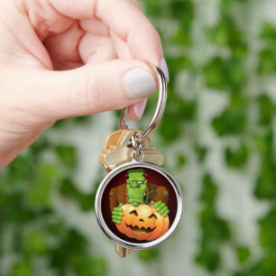 Frankenstein Monster Tecknad med Pumpkin Rund Silverfärgad Nyckelring