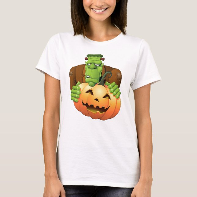 Frankenstein Monster Tecknad med Pumpkin T Shirt (Framsida)