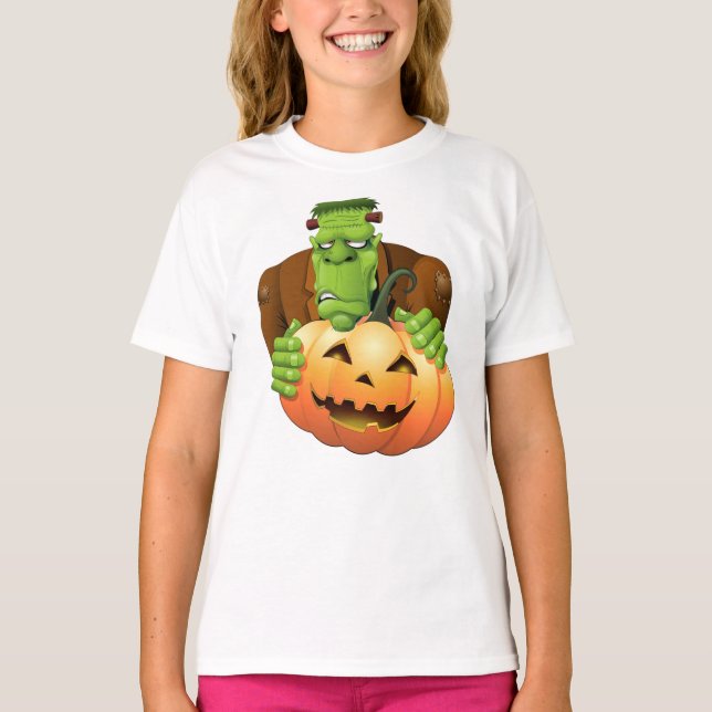 Frankenstein Monster Tecknad med Pumpkin T Shirt (Framsida)