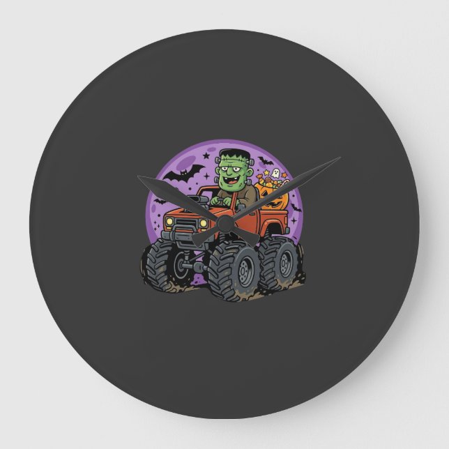 Frankenstein Monster Truck Halloween Grafisk Desig Stor Klocka (Framsida)