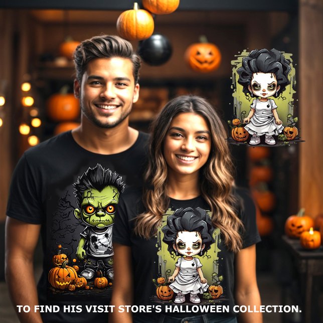 Frankenstein och Hans Bride Par Matching T Shirt (Halloween couples matching tee. Frankenstein and his bride visit store to find his.)
