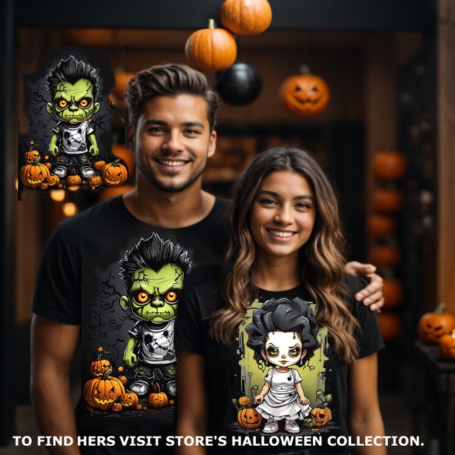Frankenstein och Hans Bride Par Matching T Shirt (Halloween couples matching tee. Frankenstein and his bride visit store to find hers.)