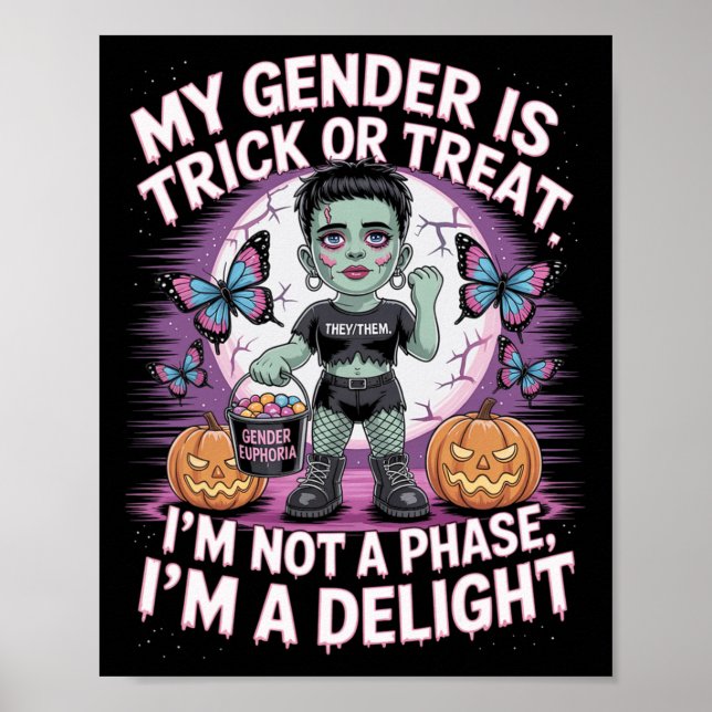 Frankenstein Pronouns, ej binär Halloween, ej P Poster (Framsidan)