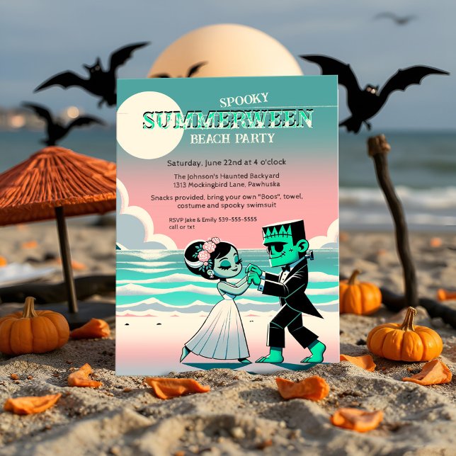 Frankenstein Summerween Beach Party Retro Dancing Inbjudningar (Spooky Summerween beach monster Summer dance party Frankenstein in pastel retro cartoon style.)