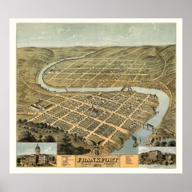 Frankfort, KY Panoramic Karta - 1871 Poster (Framsidan)